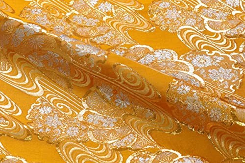 Kyoto Nishijin Brocade Kimono obi Fabric 28x20in Kanze Mizu Fan Golden Yellow - Picture 2 of 5