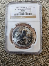 Australia 1990  Kookaburra  $5 silver coin NGC MS67 Toned .999