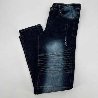 Southpole Mens Moto Skinny Jeans Dark Wash Distressed Ribbed Biker Denim 32x30