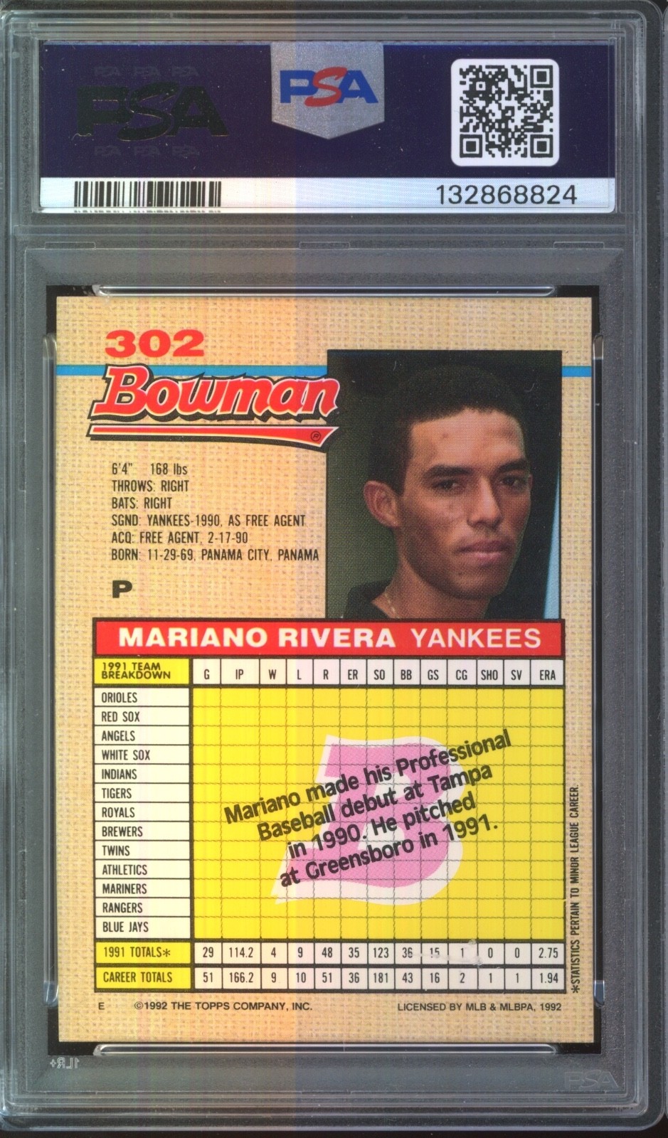 1992 Bowman #302 Mariano Rivera Autograph RC Rookie Mint PSA 9 10 Auto view 2