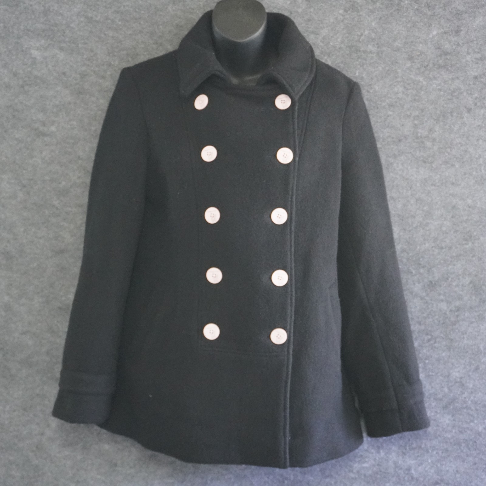 Volcom Womens Small Black Wool Blend Peacoat Jacket Double Breasted Lined Winter