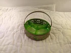 Vintage Green Uranium Depression Glass Divided Dish w/ Metal Carrier Basket