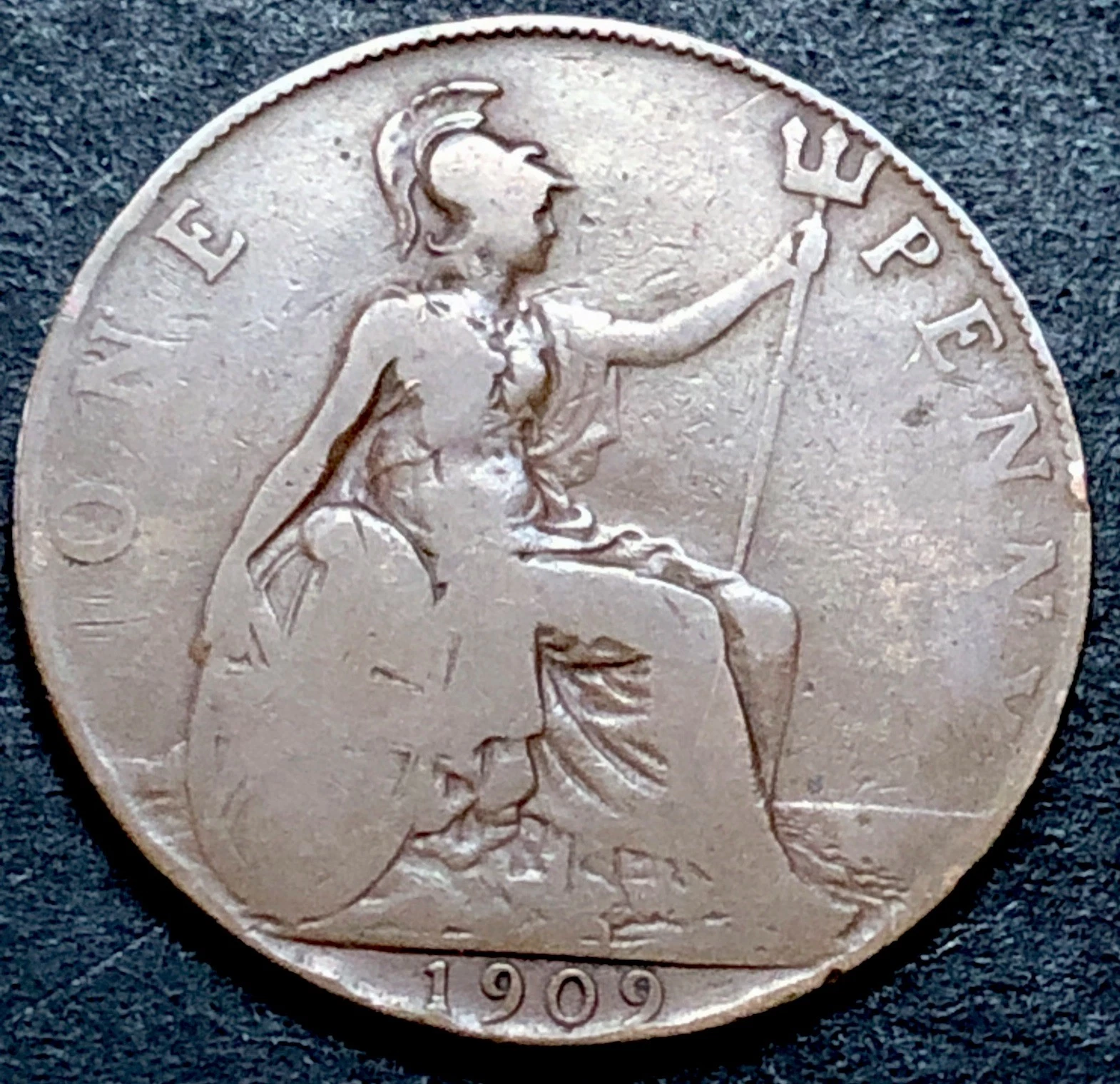 1909 PENNY COIN-RARE DOT BETWEEN N & E - 1d BRITISH BRONZE COIN-KING EDWARD VII - Picture 1 of 6