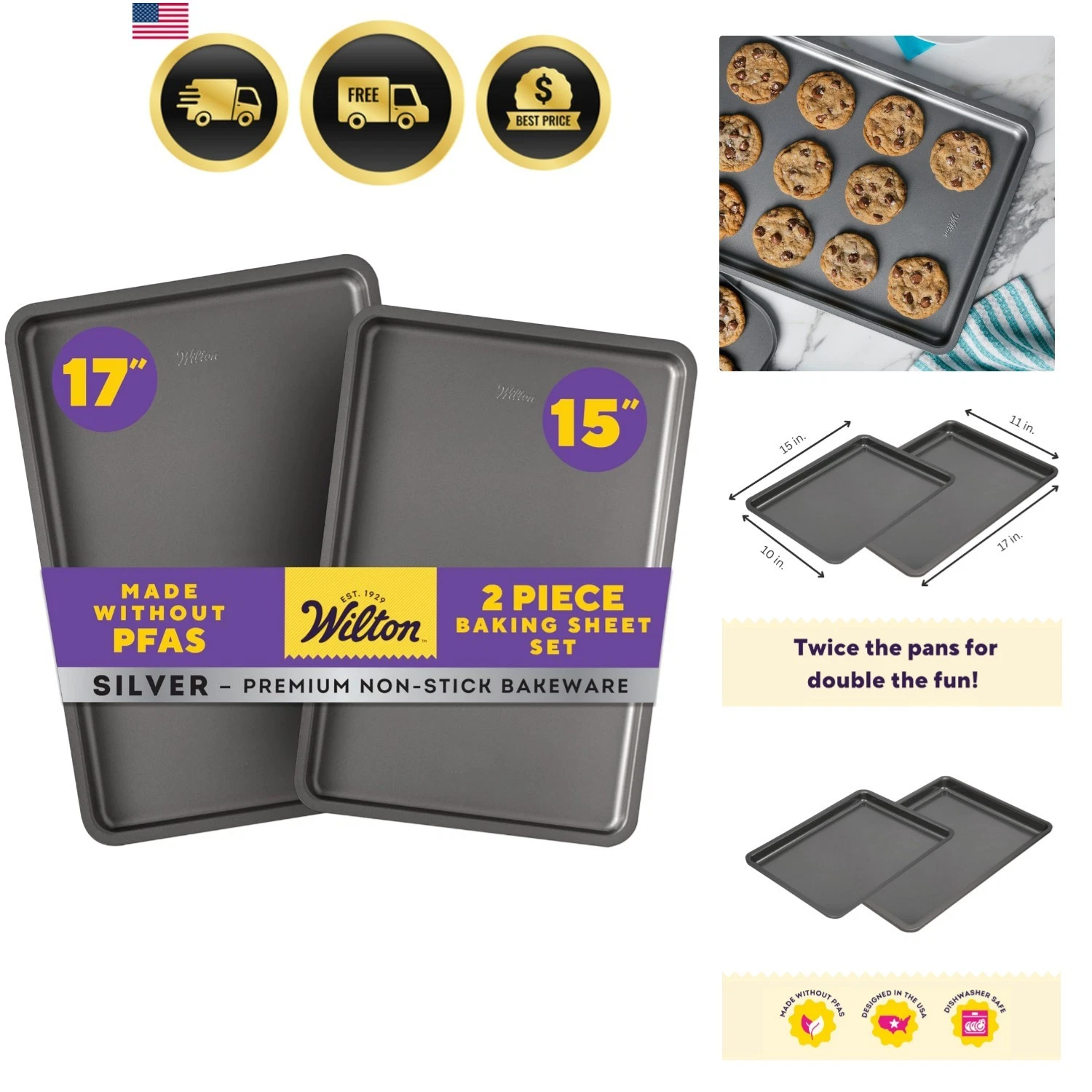 Silver 2- Piece Non-Stick Baking Sheet Set, Cold-Rolled Steel Bakeware for Ba...