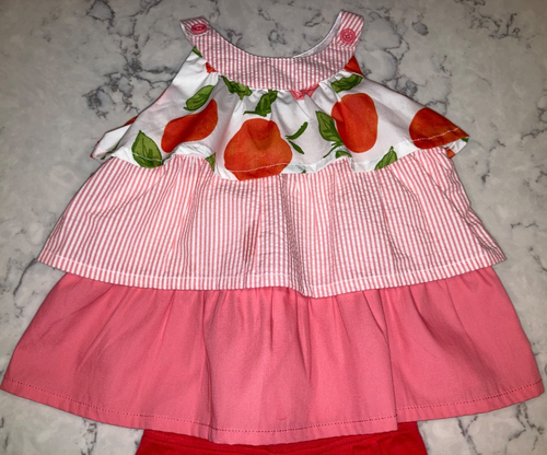 '13 Gymboree Outfit adrette pfirsichfarbene Streifen gemischter Druck Rüschen Top & Biker Short Set - Bild 2 von 4