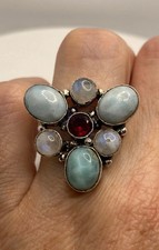 Vintage Blue Larimar White Rainbow Moonstone Stone Silver Ring