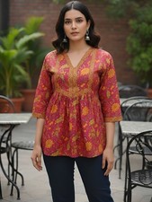 Indian Women BEAUTIFUL Pink Cotton Floral Printed A-Line Top Tunic Kurta Kurti