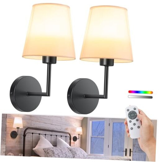 Battery Operated Wall Sconce Set of Two,Black Wireless Sconces with Romote