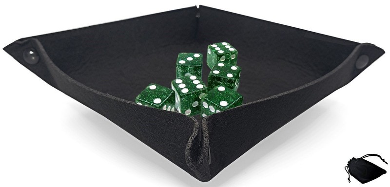  (6) 16mm Glitter Transparent Green Dice w/Pouch + Rolling Tray Black Felt Mat