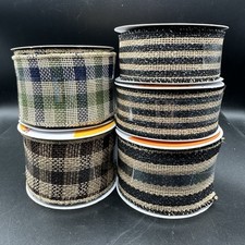 5 Celebrate It Wired Ribbon 2.5 Black Beige Plaid Striped Set Rustic Farmhouse