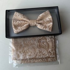 formal Men's Pre-tied Bow Tie  Hankie brown paisley pattern wedding OS