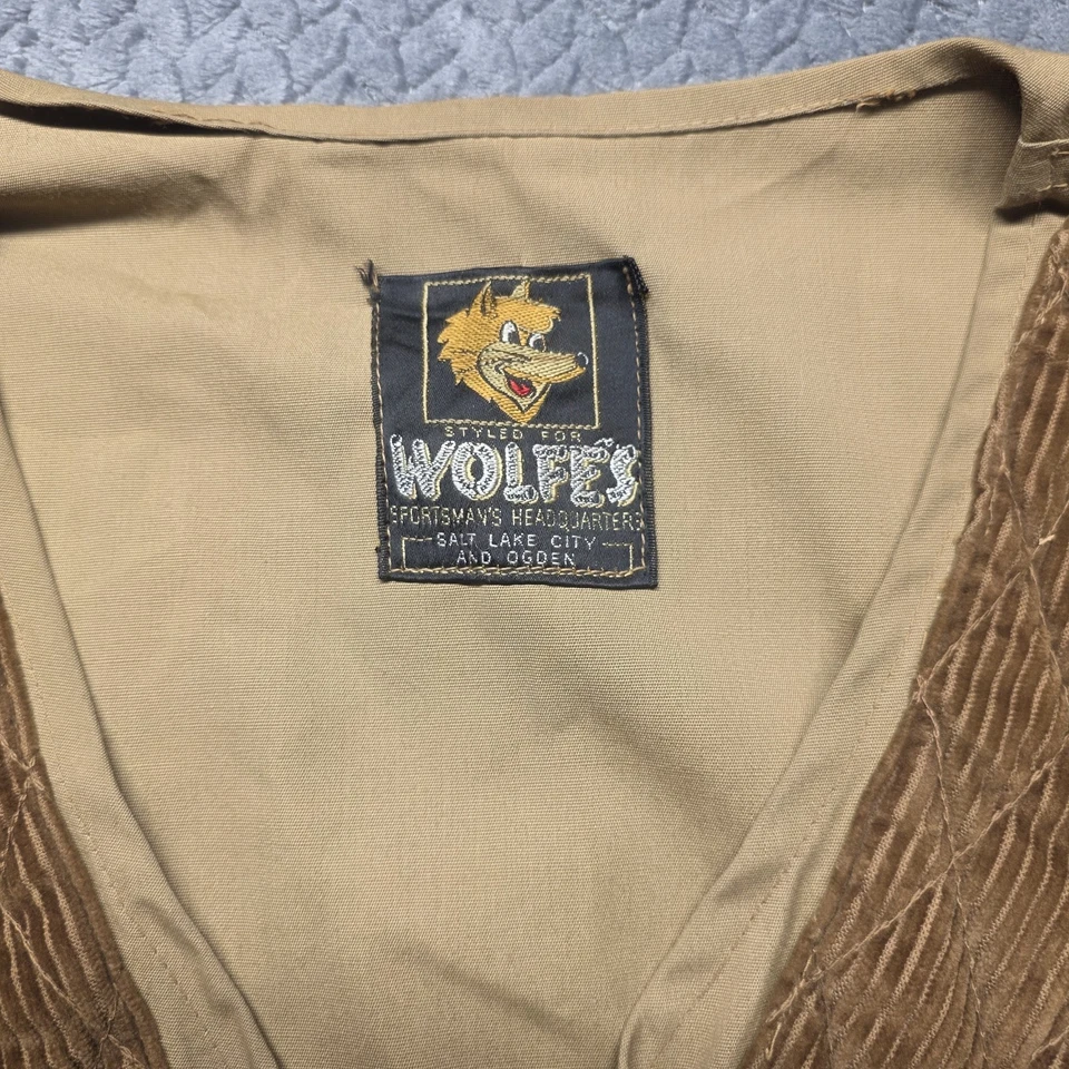 Vintage Wolfe’s Hunting Vest Canvas Corduroy Brown Talon Zip Shell Loops Mens XL - Image 2 of 4