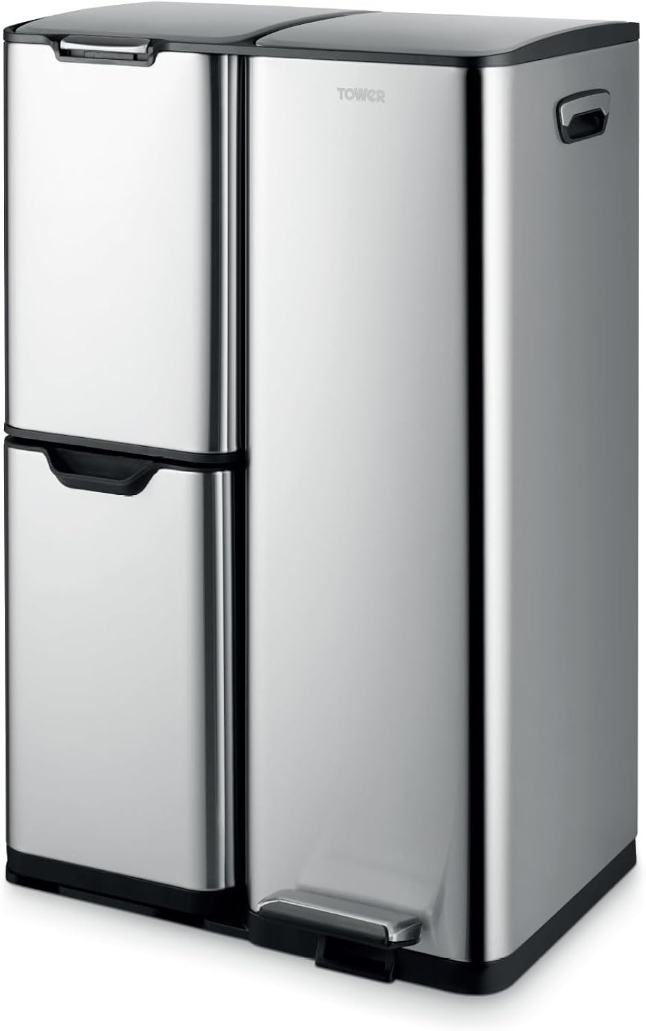 Tower 60L Recycling Pedal Bin 3 Compartments Removable Buckets Soft Close Lid