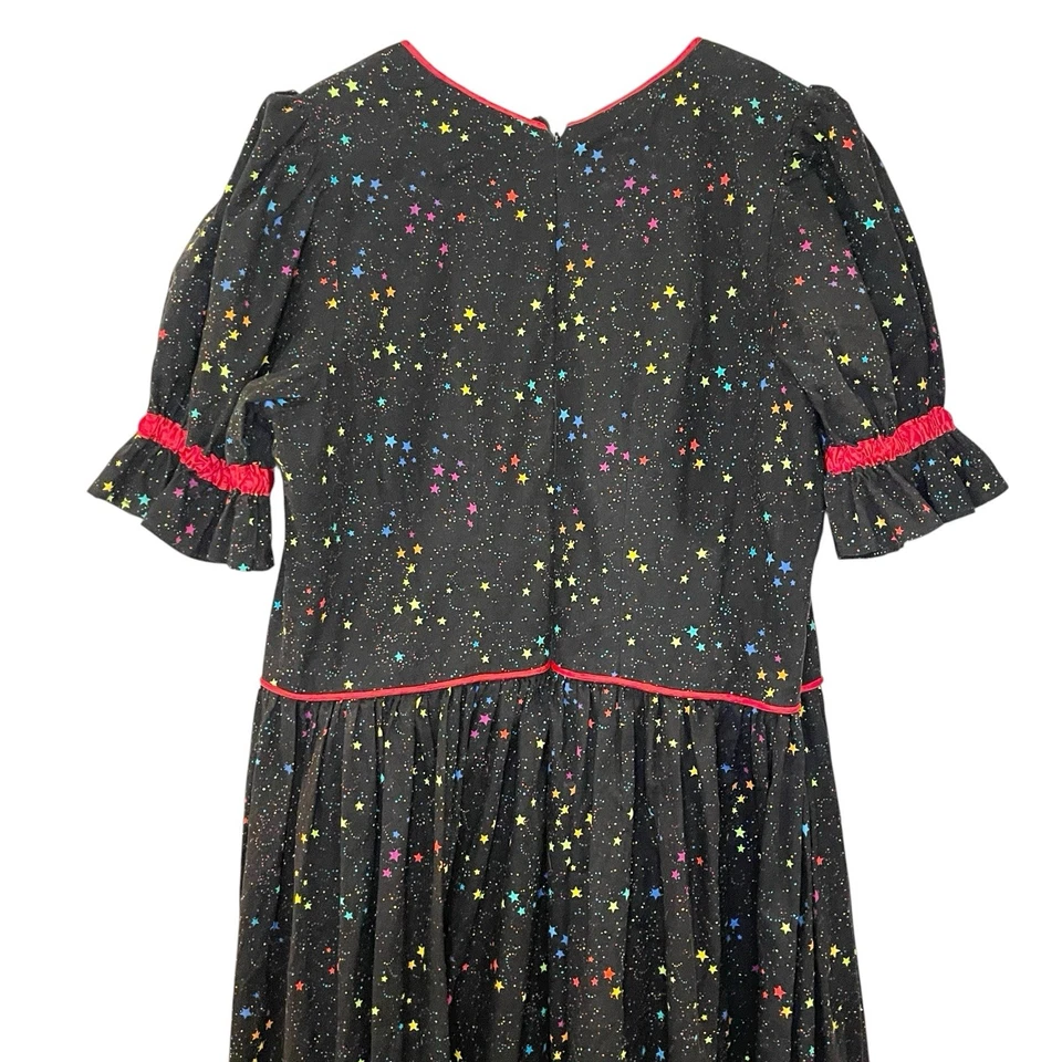 Vintage 70s 80s Rainbow Star Galaxy Print Maxi Dress Ruffle Miss Frizzle 1X-2X - Image 4 of 4