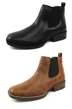 Mens Square Toe Leather Cowboy Boots Western Chelsea Ankle High Pull On AZAMAN