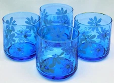 4 Vintage MOD Transparent Blue 3" Juice Glasses Tumblers Flowers
