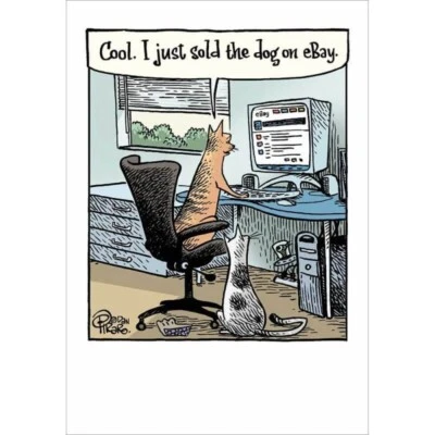 WOODMANSTERNE Funny Birthday Card Cats Sold Dog on eBay - Humorous Illustrated Greeting Card