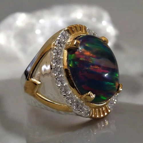 Black Opal Oval Cut Gemstone With 14K Solid White Gold Ring For Men's #775