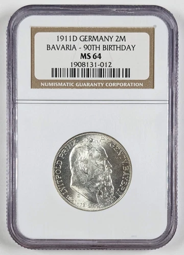 1911 D Germany Silver 2 Mark Bavaria 90th Birthday NGC MS64
