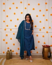 Women' s Rayon Slub Embroidery Kurta with Pant  Dupatta