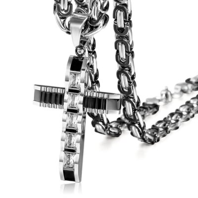 Black&Silver CZ Cross Necklace Pendant Stainless Steel Byzantine Chain 18''-30''