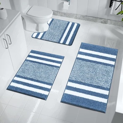 PAUWER Non Slip 3 Pieces Bath Mats and Toilet Mat Set Super Water Absorbent Bath
