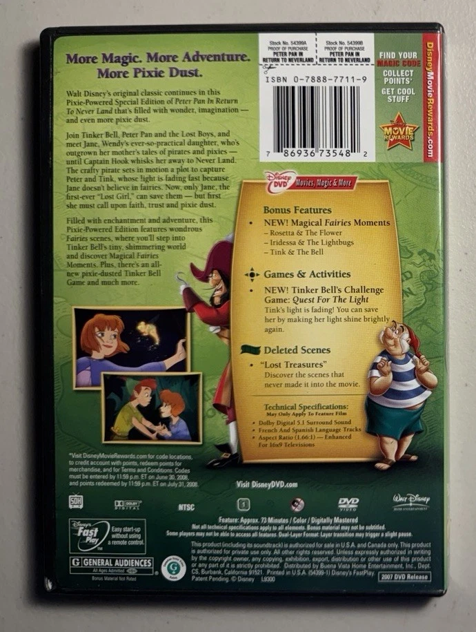 DISNEY - 2 DVD Lot: PETER PAN + RETURN TO NEVER LAND - VERY GOOD! FREE SHIPPING! - Image 4 of 4
