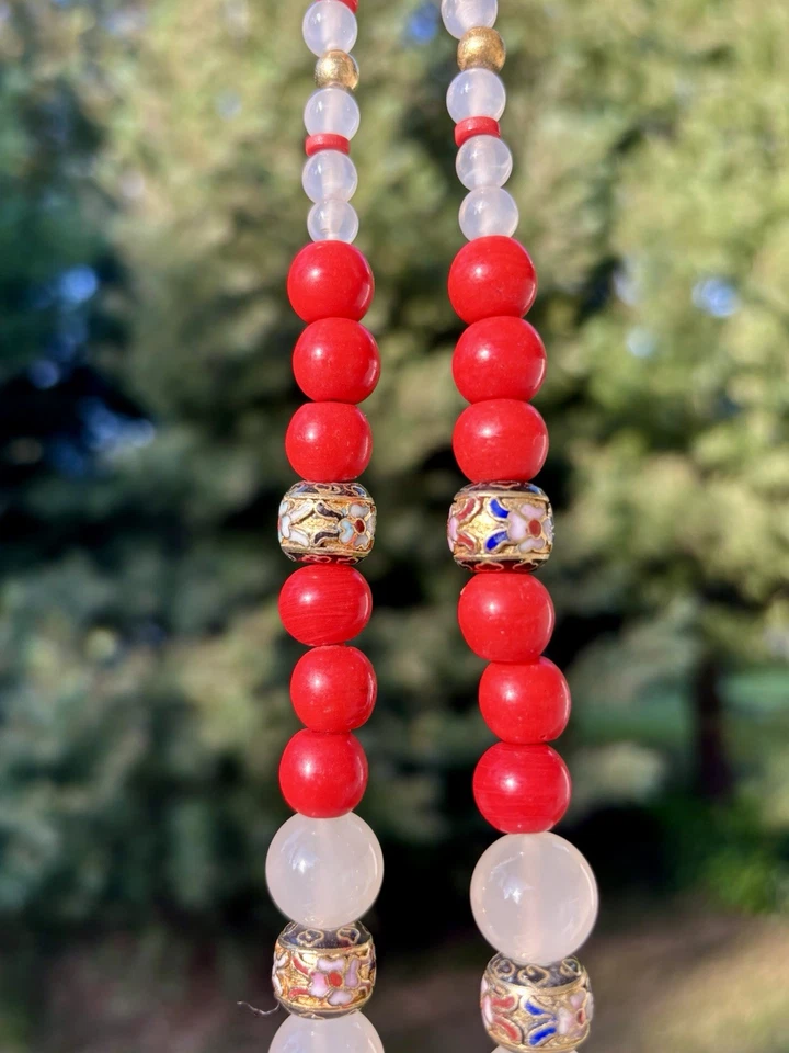 "Antiguo collar brazalete chino de cuentas de oración cloisonné de coral ágata con venas rojas 35"" 🚭 Foto 4 de 4