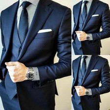 Navy Blue Satin Men's Suits Formal Business Wedding Groom Tuxedos Three Pieces