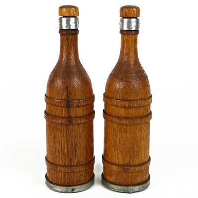 Vintage Oak Wood Whiskey Bottle w/ Corked Stopper Pair