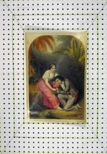 Original Old Antique Print Man Woman Romance Colour Forest Scene