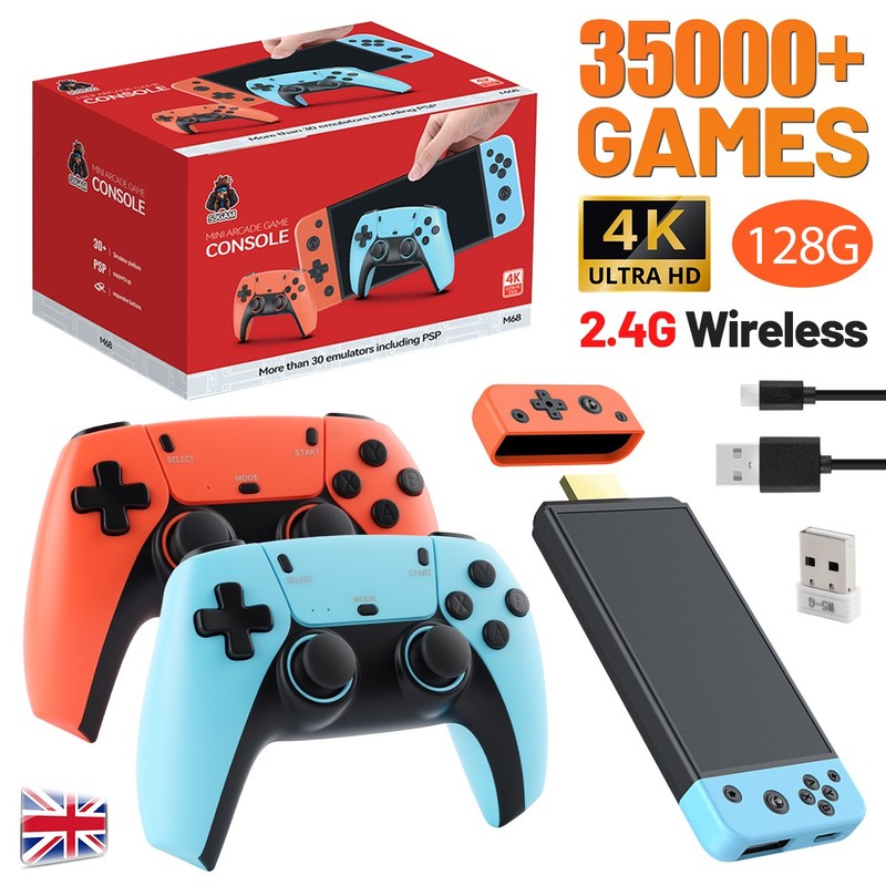 128G 35000+Retro Video Game Console 4K HD TV Game Stick 2x Wireless Controller.,
