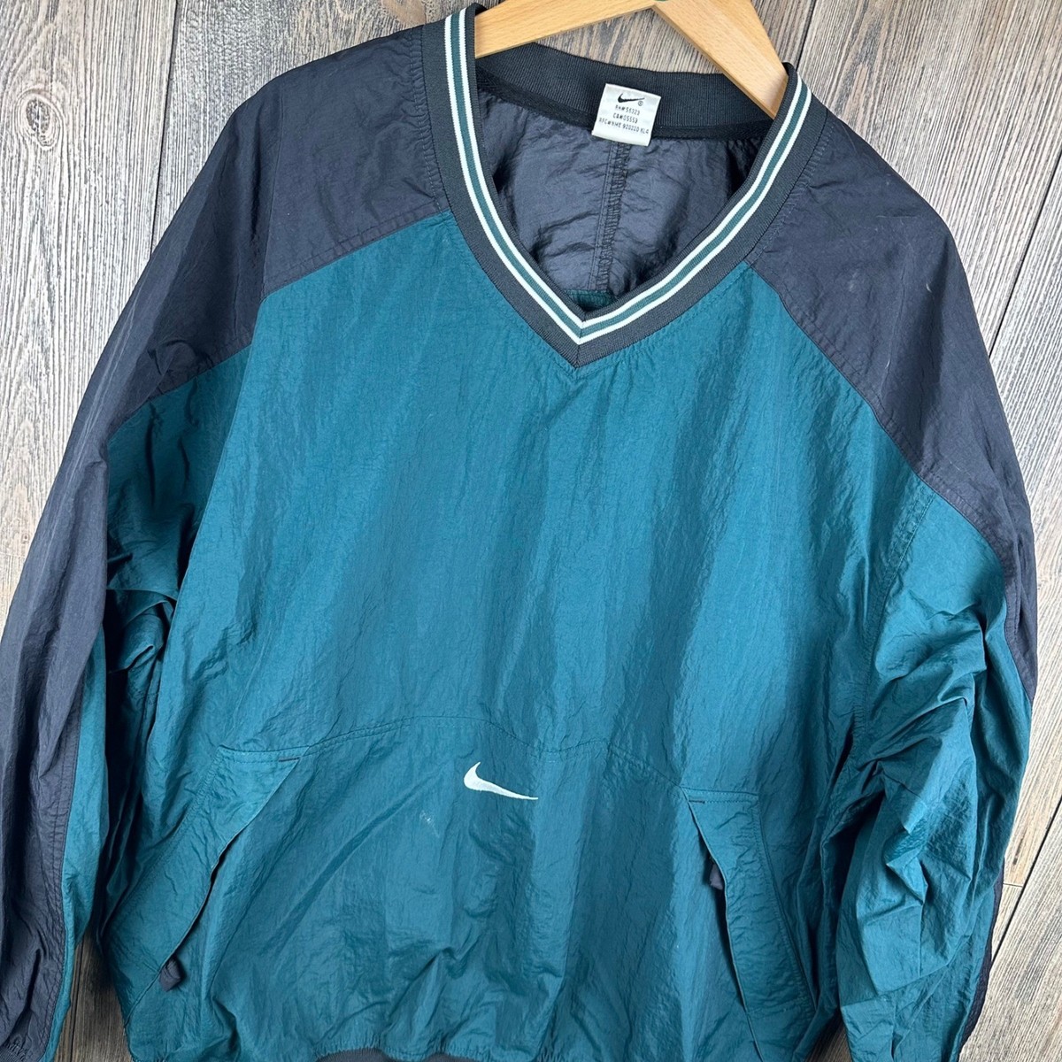 Nike Vintage 90s Pullover Windbreaker Jacket Green Black V Neck 
