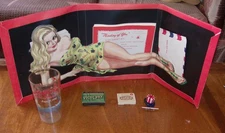 SALE! WWII PIN-UP STATIONARY,  REMEMBER PEARL HARBOR UNCLE SAM PIN, & GLASSWARE