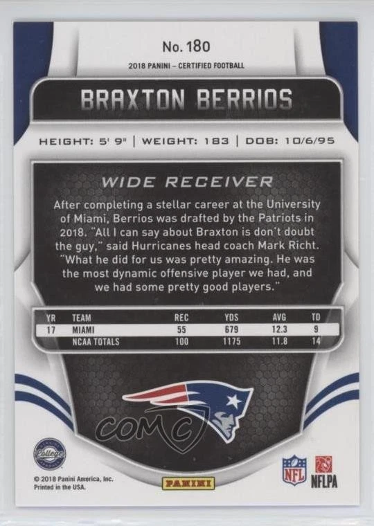 2018 Certified Rookies Mirror Orange /225 Braxton Berrios #180 Rookie RC - Image 2 of 2