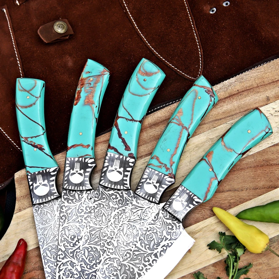 Сделанный на заказ набор ножей шеф-повара (5 шт.) дамасская сталь с кожаным рулоном комплект AN-046 - Изображение 2 из 4