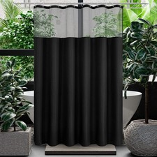 72x78 Long Waffle Weave Fabric Shower Curtain with Mesh Top Window Black