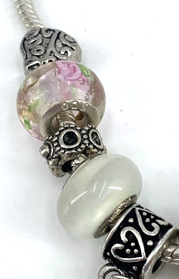 Sterling Silver Charm Bracelet Love Heart Glass Beads 7.5" - Image 3 of 4
