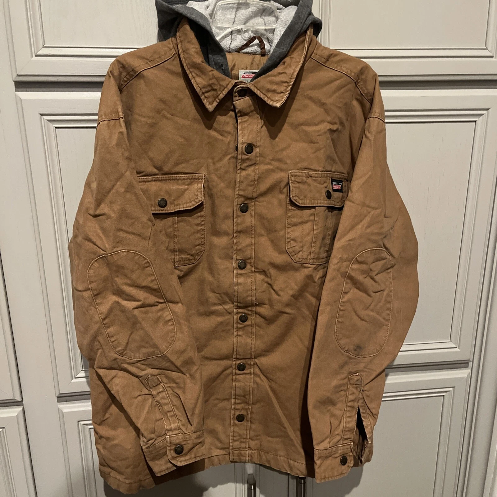 Dickies Brown Jacket Full Zip Snap Front Grey Hood Quilted Canvas Size XL
