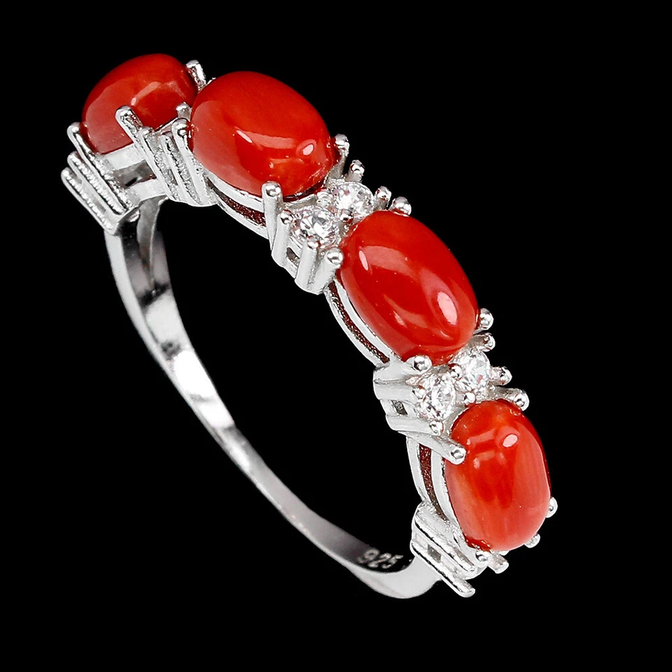Anillo de plata de ley 925 ovalado naranja coral Italia 6x4 mm piedras preciosas joyería tamaño 9,5 Foto 2 de 4