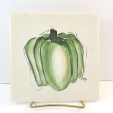 H&R Johnson England Hand Painted Vintage Tile Art 6x6 green bell pepper trivet 