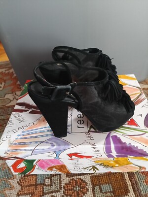 Reed Evins Black Kid Suede Style 221 Sling Back Mesh Tassle Block Heels in Box