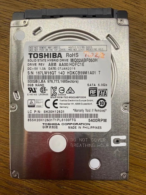 TOSHIBA MQ02ABF050H 500GB Hard Disk Drive 5400 RPM SATA SSHD Solid State Hybrid - Image 1 of 1