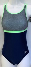 SPEEDO Girls high neck gray/green/blue color block strappy 1pc Swimsuit,10,16
