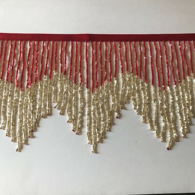 By the Yard-6'' Red/Gold Glass BUGLE Bead Beaded Fringe CHEVRON Lamp Costume Trim
