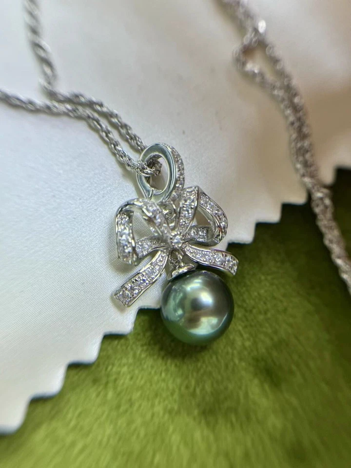 Impresionante colgante de perlas verdes negras redondas tahitianas de 10-11 mm 925s (aj) Foto 2 de 3