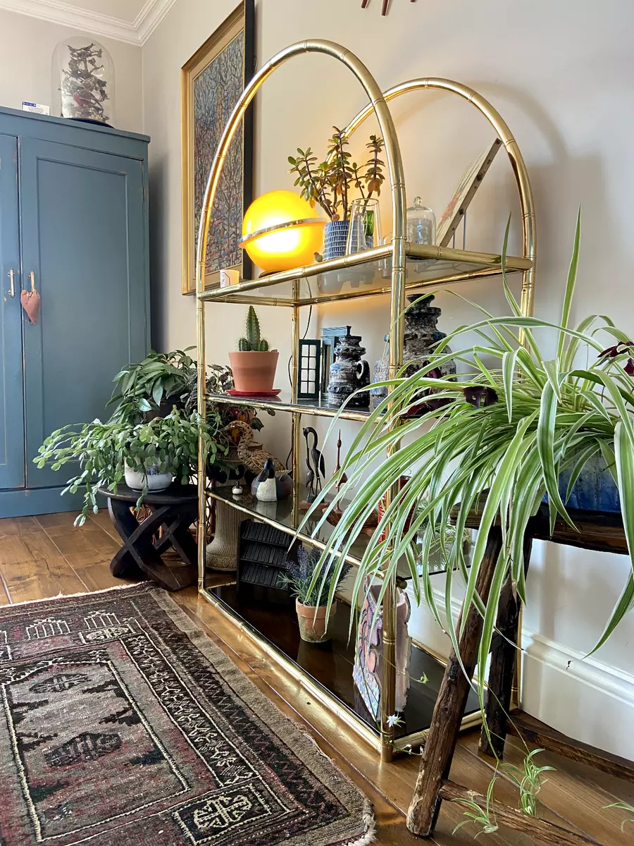 STUNNING Vintage Brass Faux Bamboo Glass Bookcase Mid Century Plant Stand  Shelf