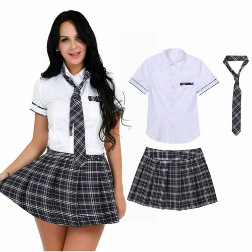 Sexy Women School Girl Uniform Outfit Plaid Skirt Cosplay Costume Fancy Dress - Picture 8 of 10