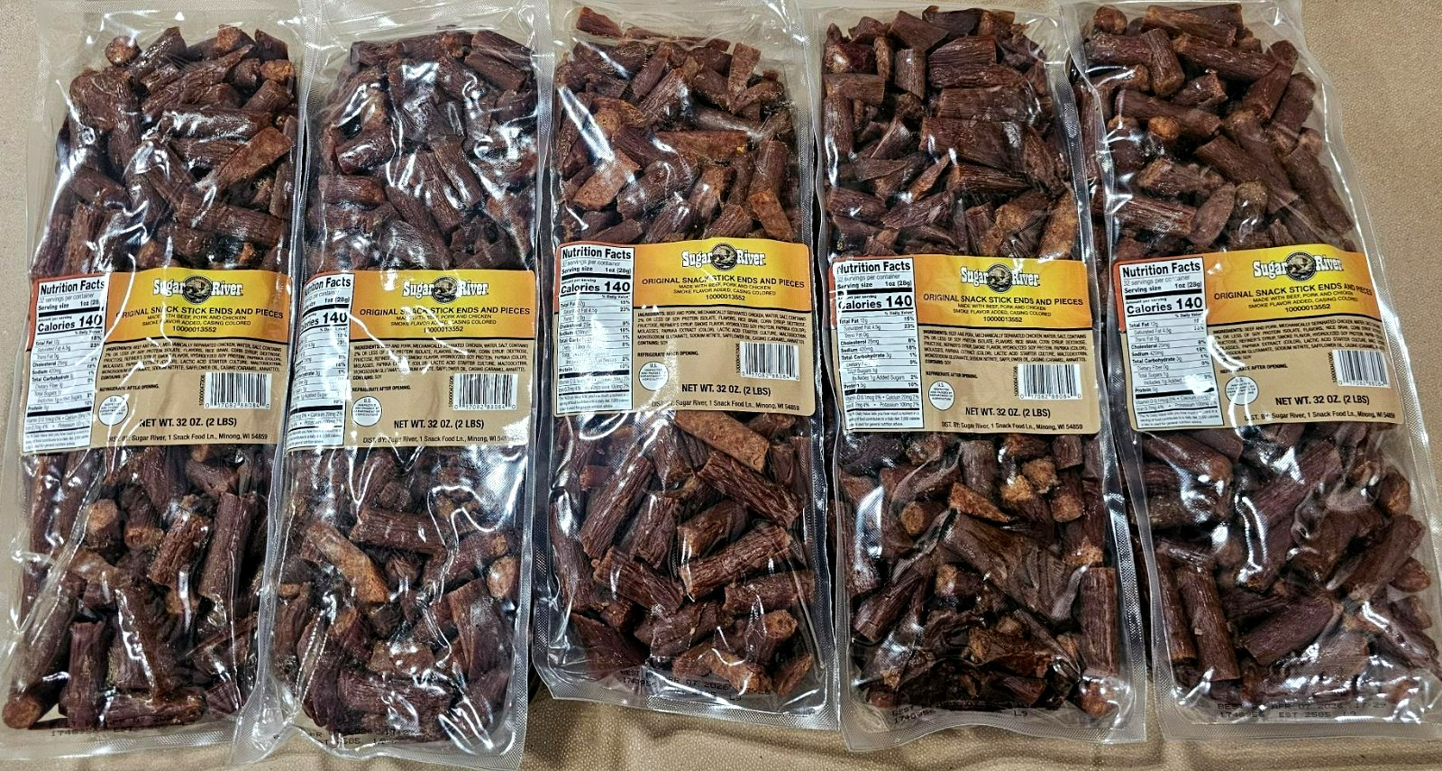 5 X 2LB/ea SUGAR RIVER ORIGINAL Meat Snack Sticks Sealed bag "loose"  EXP 7.1.26