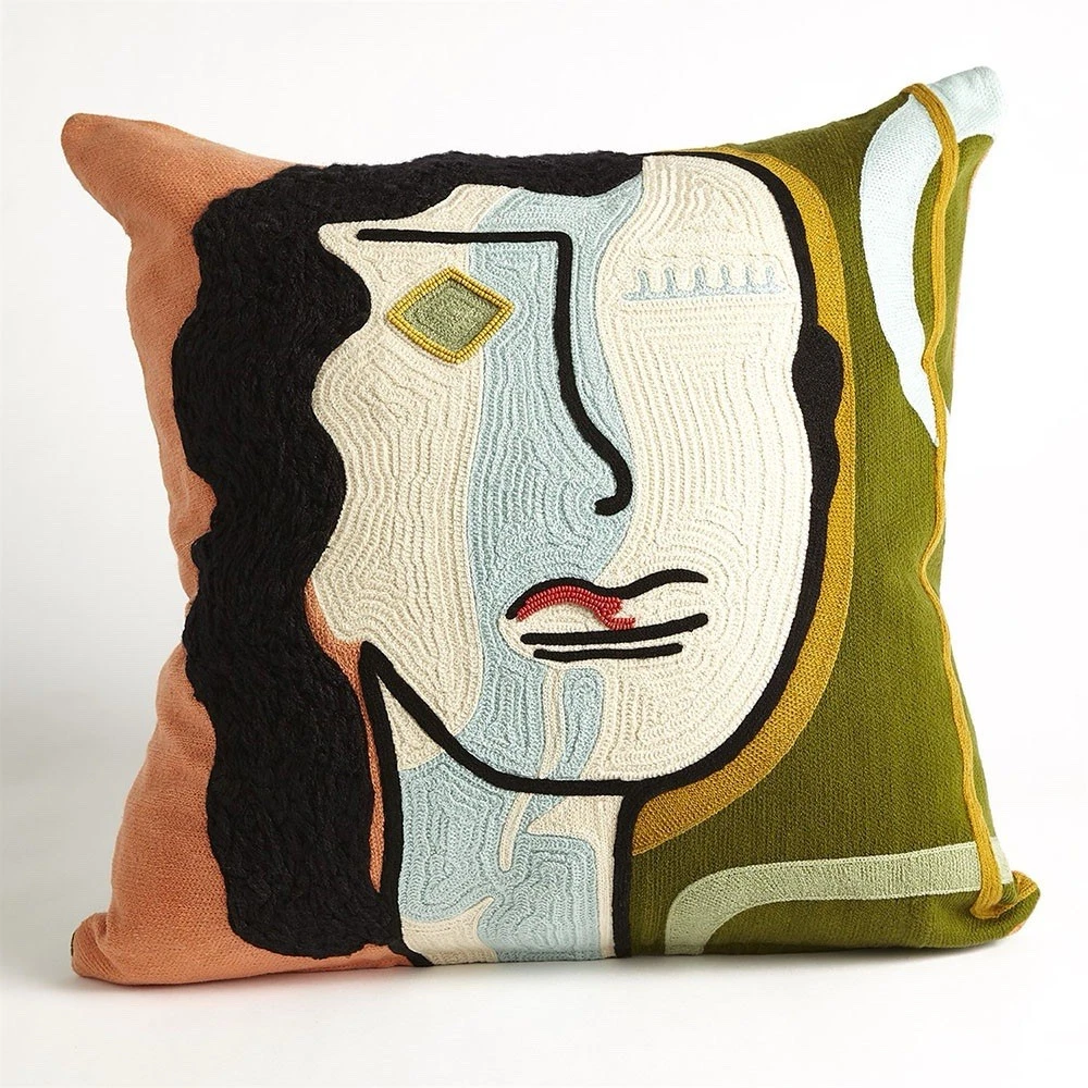 Global Views Veronica Throw Pillow Hand Embroidered Abstract Portrait